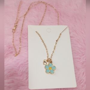 Gold and Blue Daisy Flower Pendant BFF Necklace